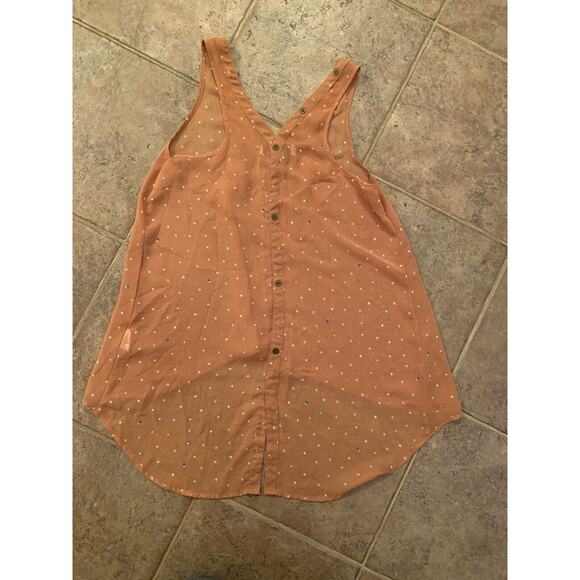 Decree Medium Sheer V Neck Hi Lo Tank Top Mustard Yellow Gold White Polka Dot - Picture 7 of 8